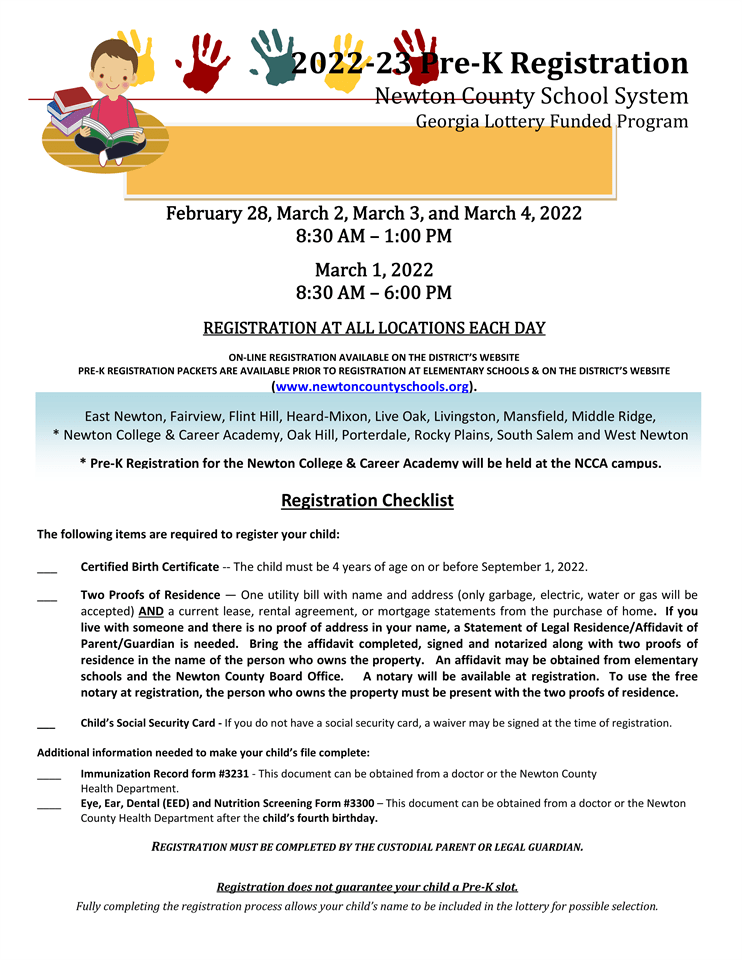 PreK Registration 20222023 West Newton Elementary School